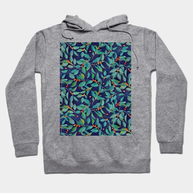 Leaves + Berries in Navy Blue, Teal & Tangerine Hoodie by micklyn